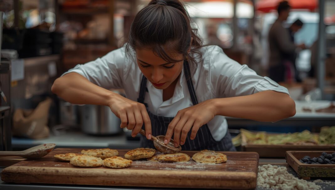 A female cook prepares tasty fish patties in Portugal